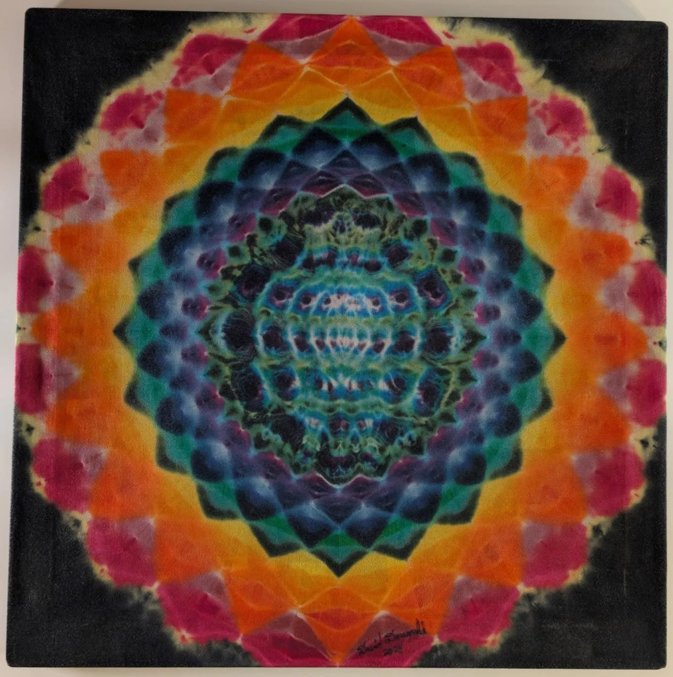 24"X24"X.75" 20Pt Mandala/Cosmic Egg Cntr, Tie Dye on a Square Panel of Calcutta Cotton Stretched onto 24X24 Stretcher Bars Read Description