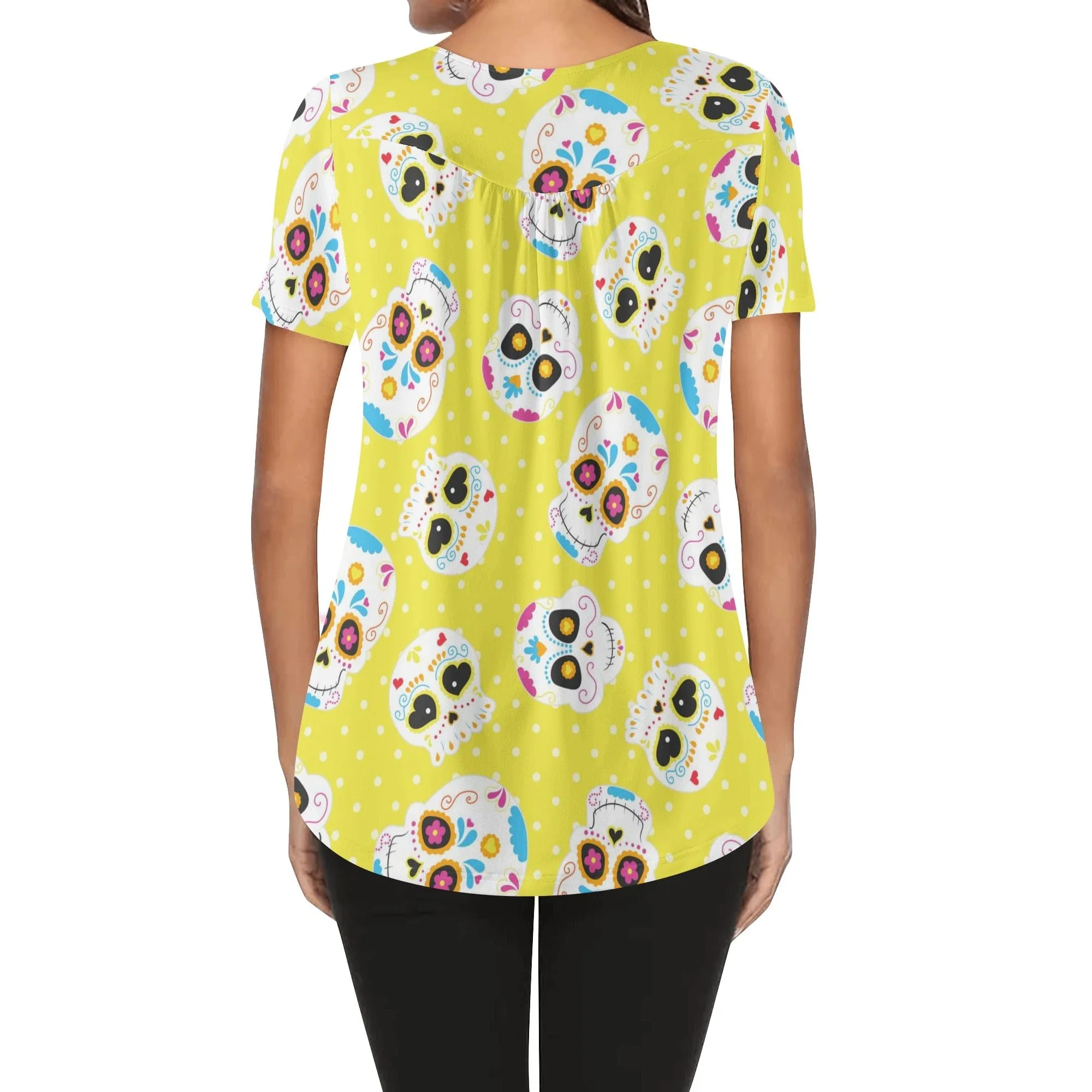 Be Bold & Express Yourself In The Captivating Women's Yellow Skulls V-neck Blouse