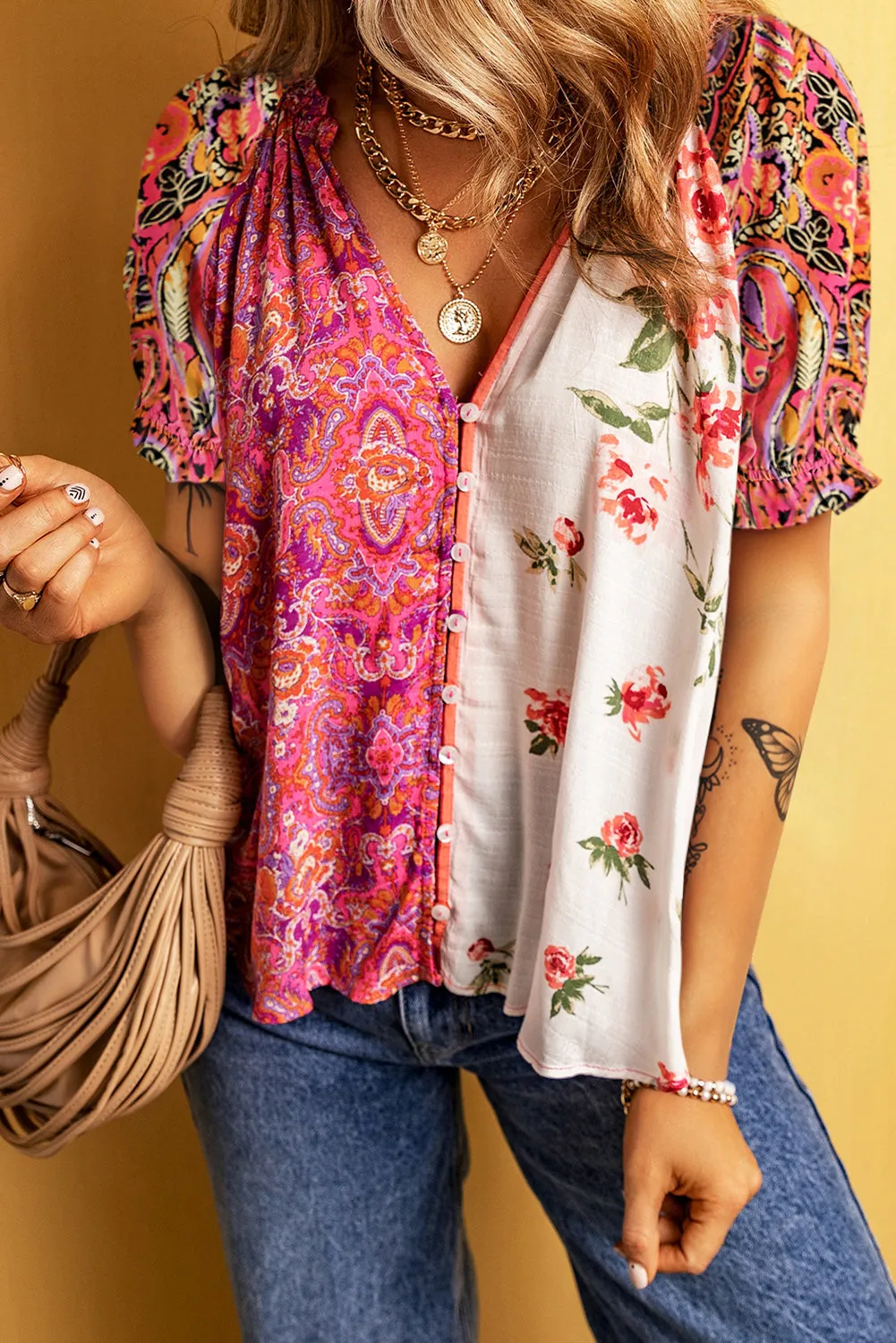 Boho Floral Buttoned Blouse