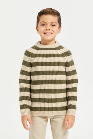 Boys Beige And Green Stripe Pullover