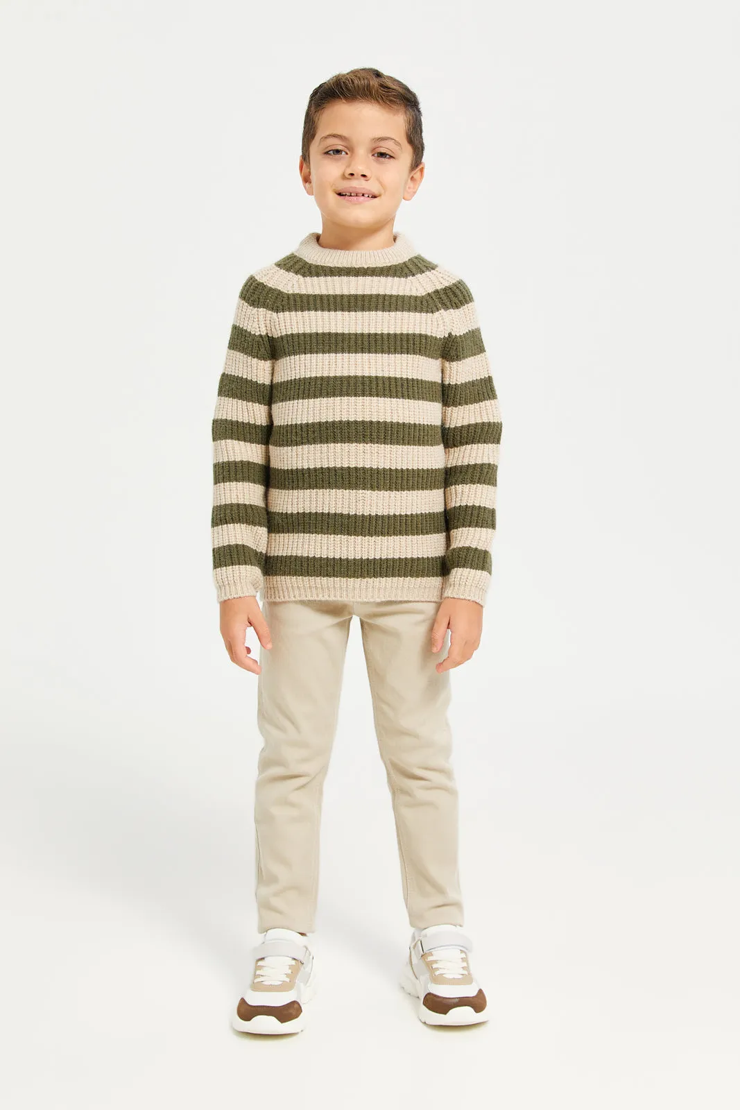 Boys Beige And Green Stripe Pullover