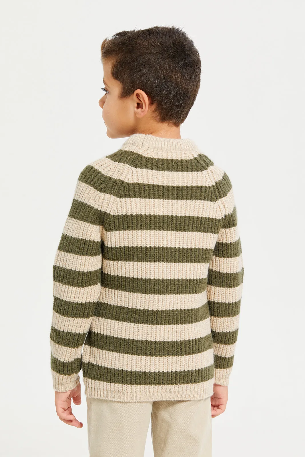 Boys Beige And Green Stripe Pullover