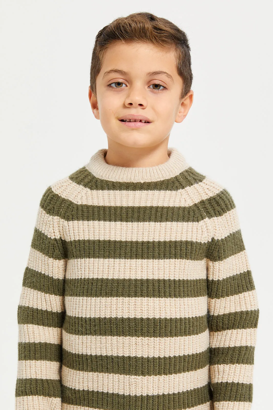 Boys Beige And Green Stripe Pullover