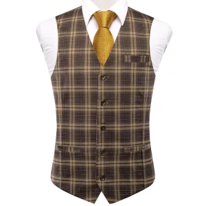 Brown Yellow Plaid Silk England Style Men's Single Vest Waistcoat