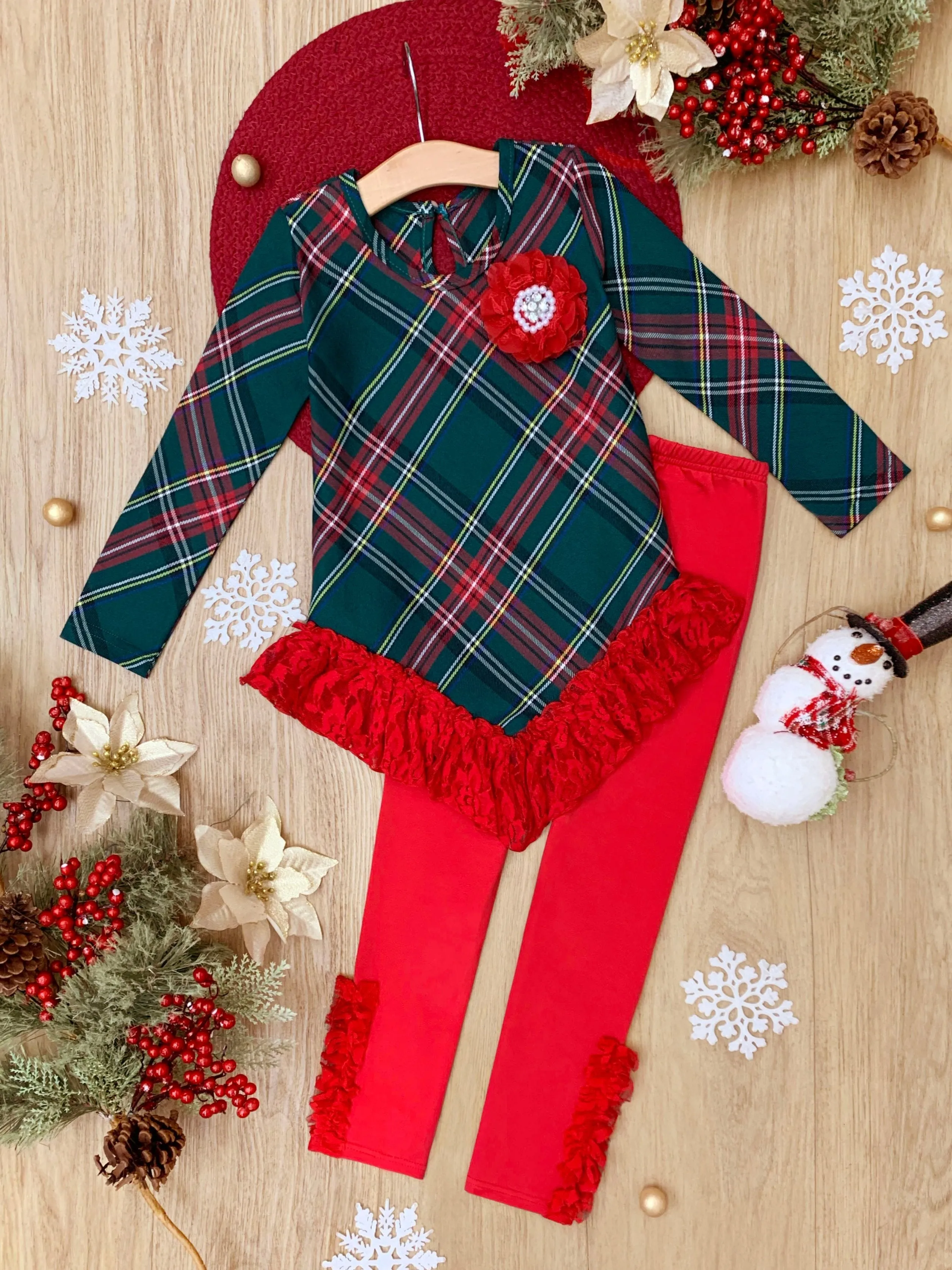 Christmas Plaid Ruffle Tunic and Ruffle Legging Set