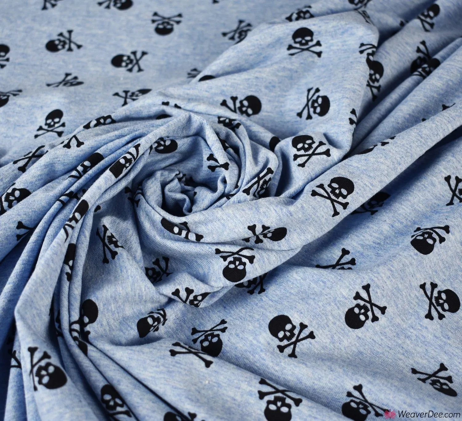 Cotton Jersey Fabric - Marl Skulls & Crossbones - Sky Blue