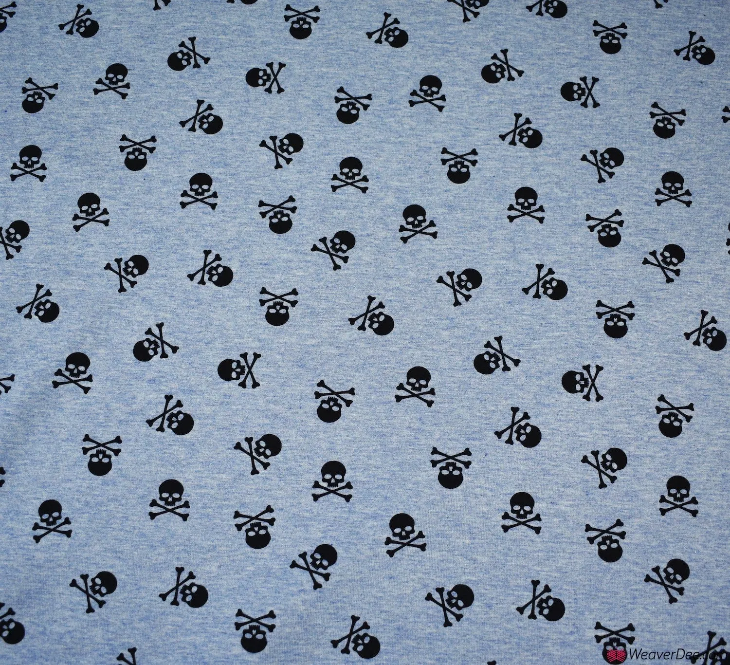 Cotton Jersey Fabric - Marl Skulls & Crossbones - Sky Blue