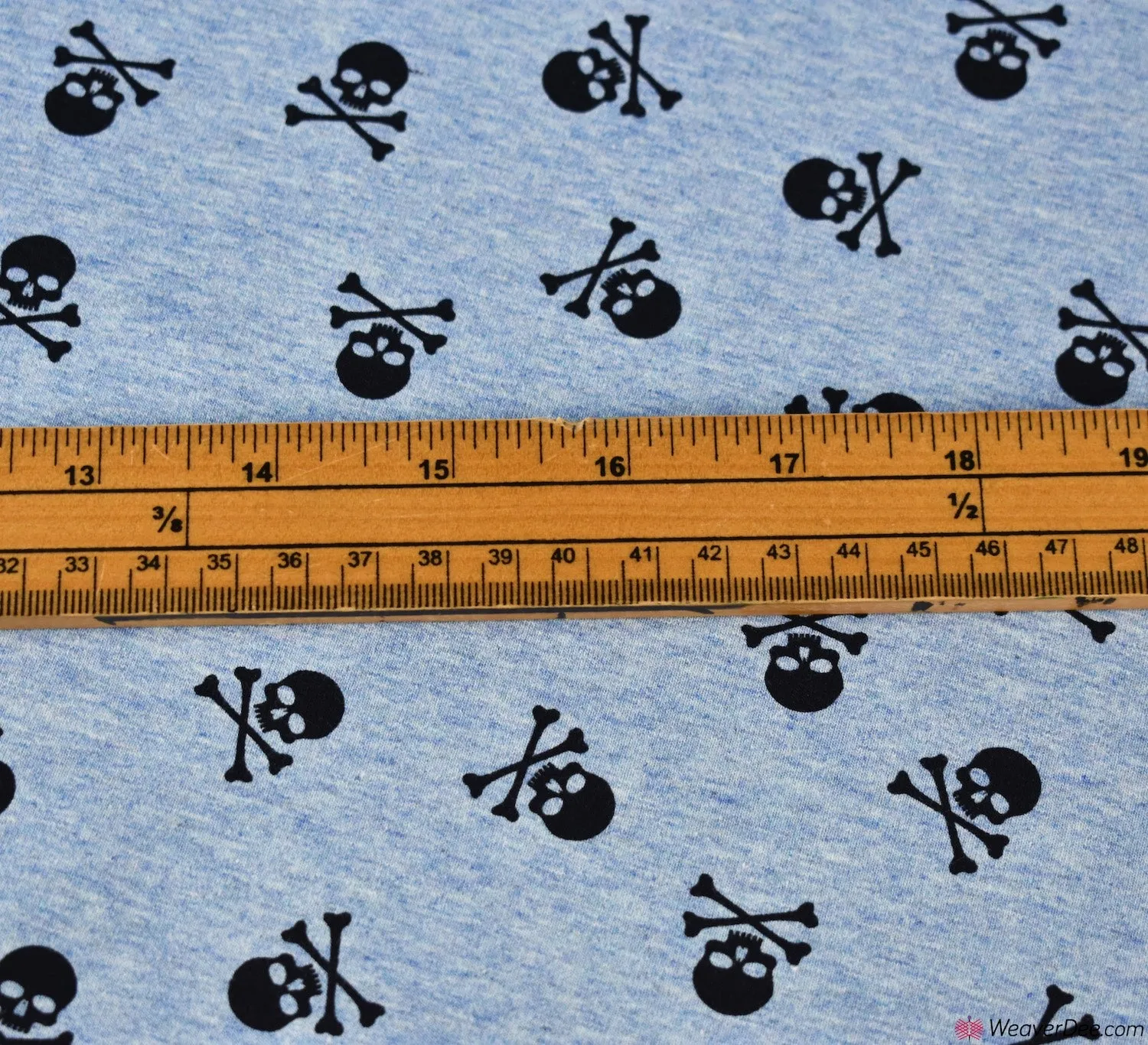 Cotton Jersey Fabric - Marl Skulls & Crossbones - Sky Blue