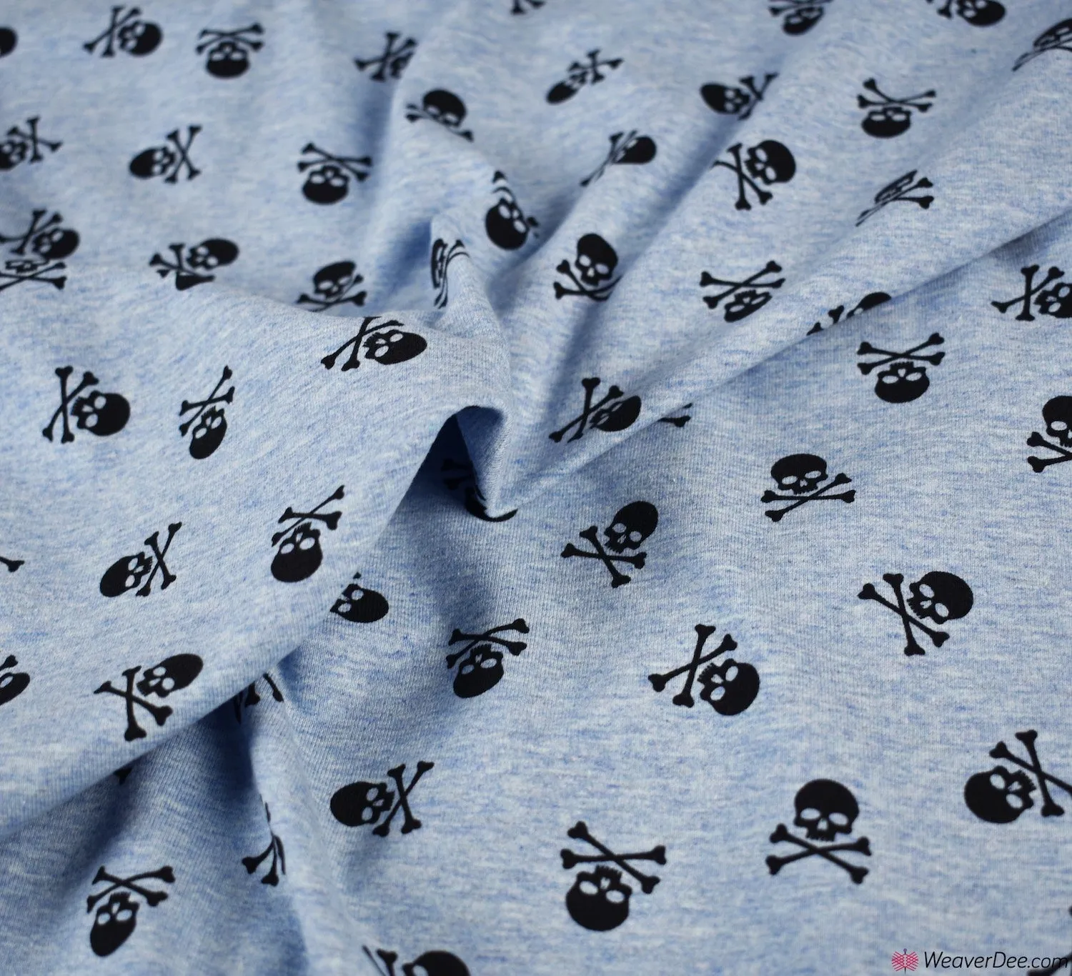 Cotton Jersey Fabric - Marl Skulls & Crossbones - Sky Blue