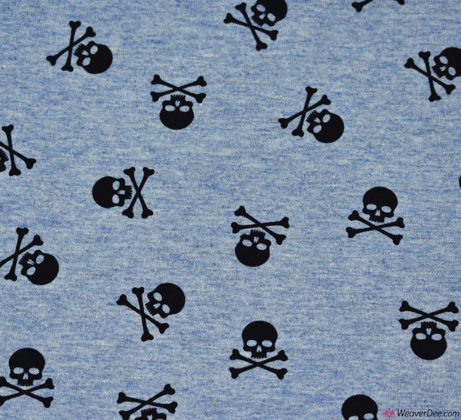 Cotton Jersey Fabric - Marl Skulls & Crossbones - Sky Blue