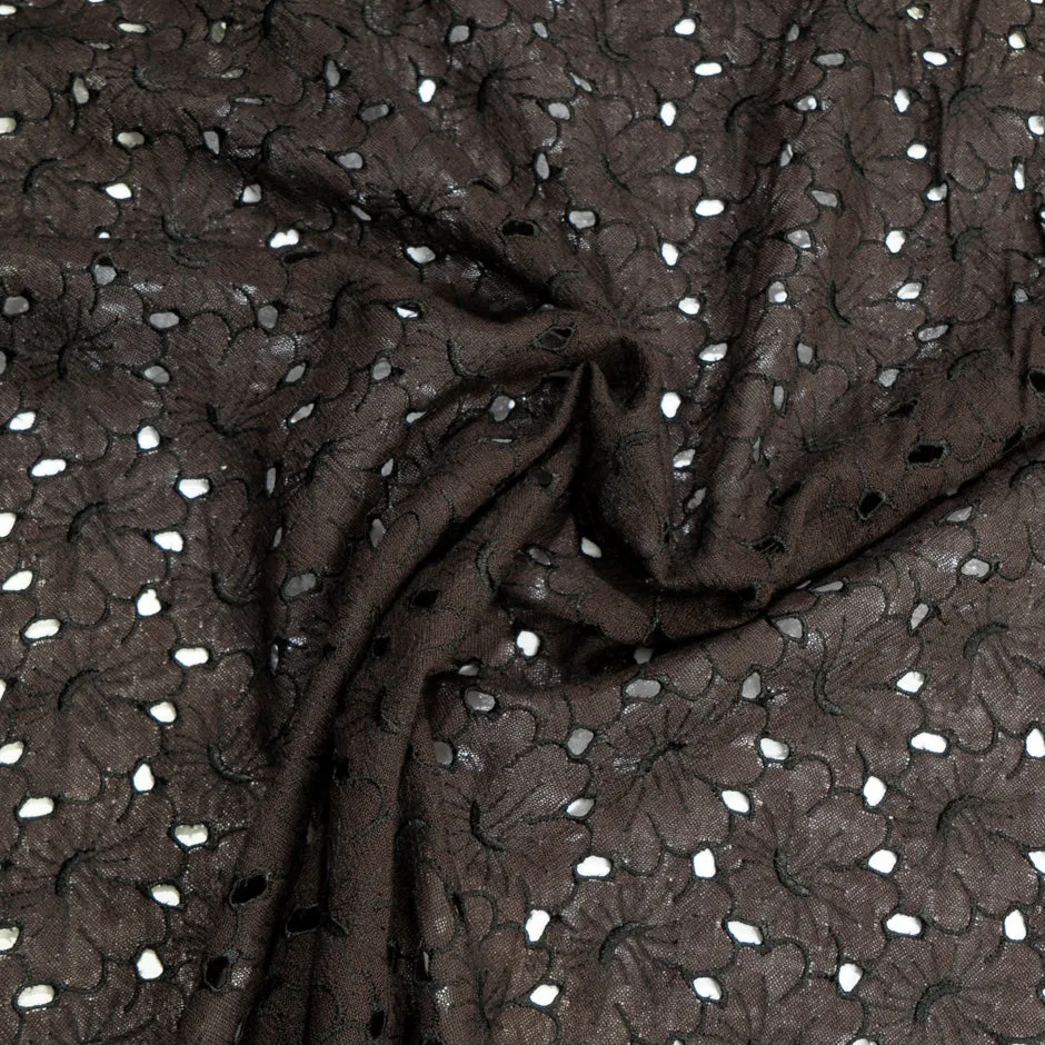 Dark Brown Floral Embroidery Anglaise Pure Wool