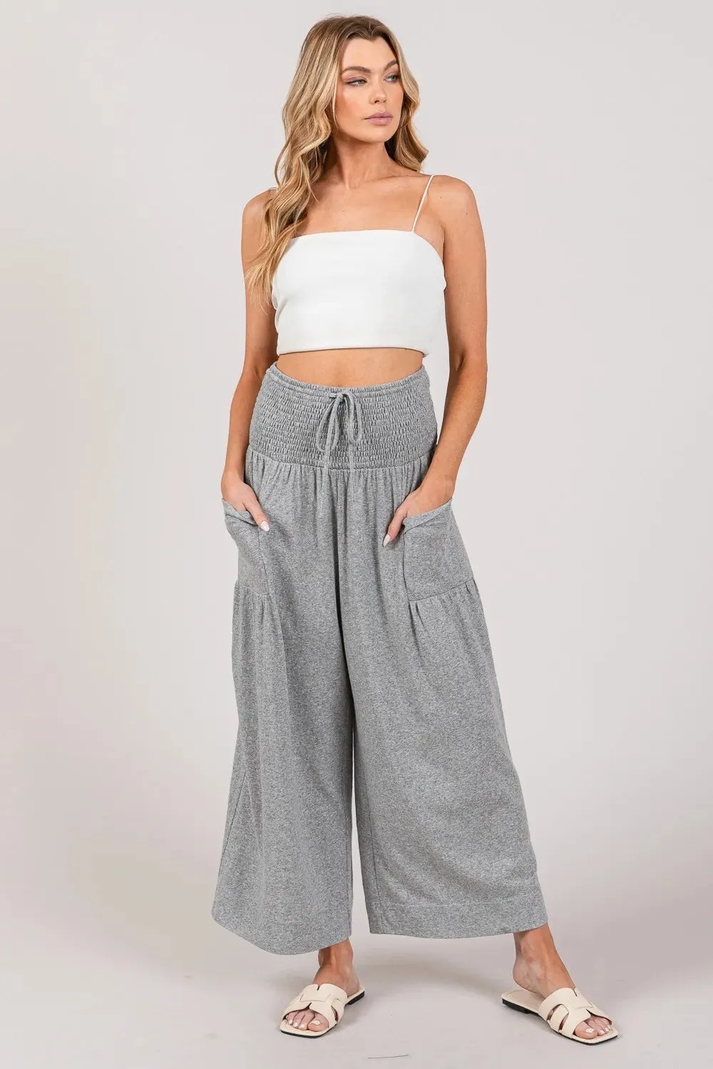 Drawstring Smocked High Waist Pants