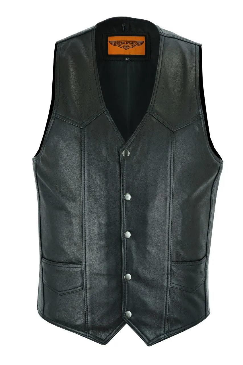 Dream Apparel Mens Plain Black Leather Vest Heavy Duty Premium Cowhide Leather