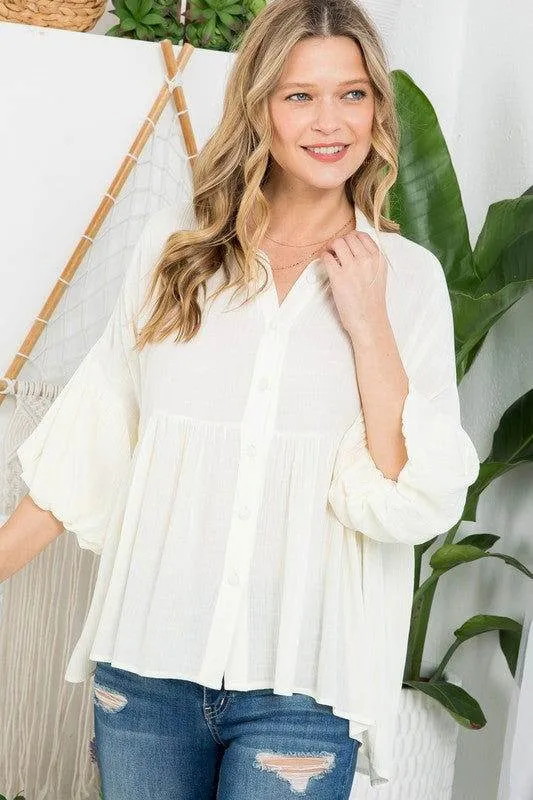 E Luna Solid Button Down Blouse