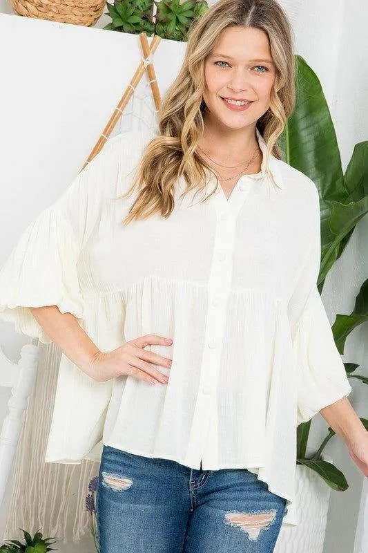 E Luna Solid Button Down Blouse