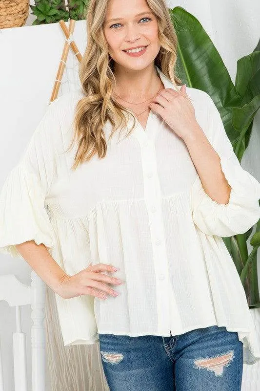 E Luna Solid Button Down Blouse