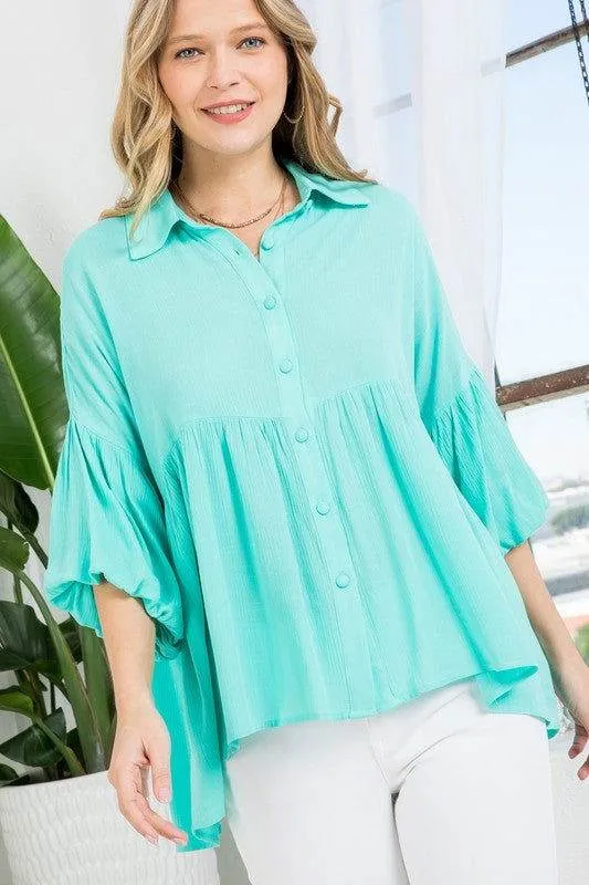 E Luna Solid Button Down Blouse