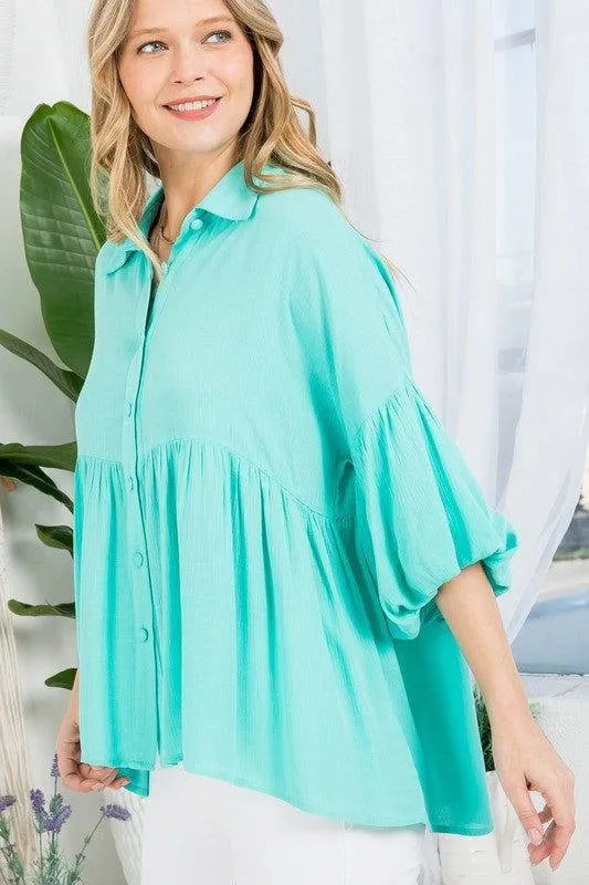 E Luna Solid Button Down Blouse