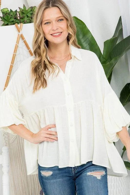 E Luna Solid Button Down Blouse