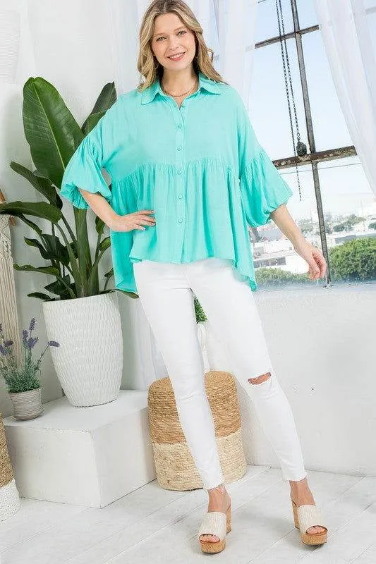 E Luna Solid Button Down Blouse