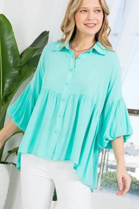 E Luna Solid Button Down Blouse