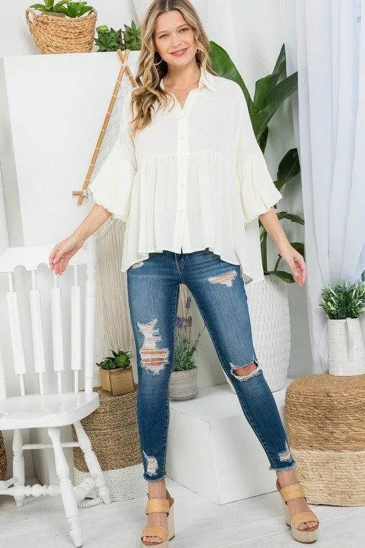 E Luna Solid Button Down Blouse