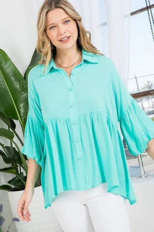 E Luna Solid Button Down Blouse