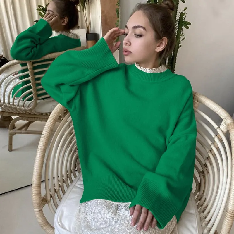 Fashionkova  Winter Warm Knitted O Neck Sweater Women 2022 Korean Elegant Basic Pullovers Ladies Loose Soft New Green Female Clothing