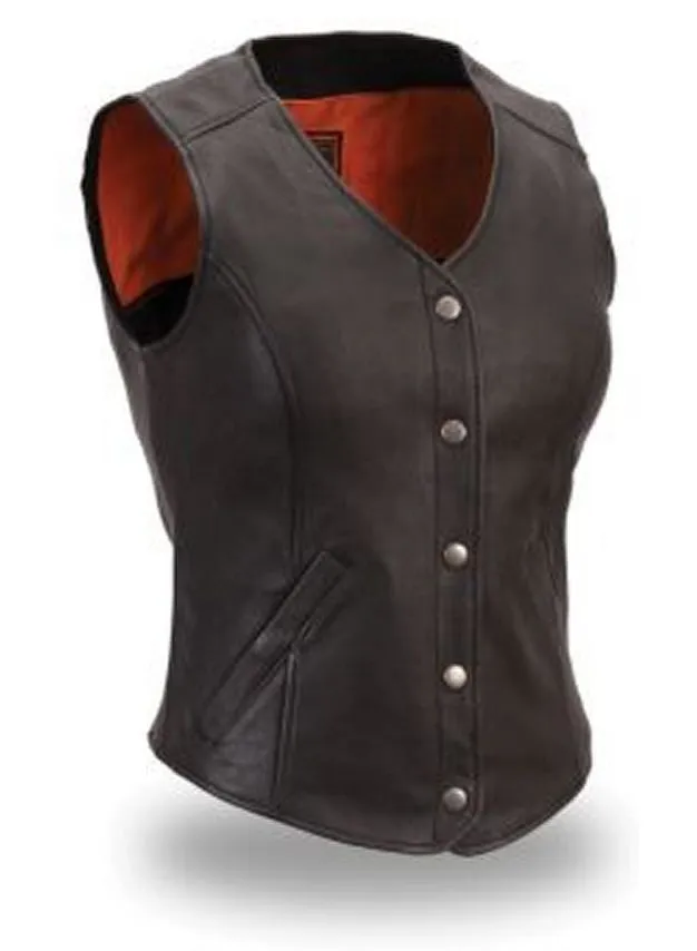 First Manufacturing FIL545CSL Women’s Black Extremely Stylish Long Length Cowhide Leather Motorcycle Vest