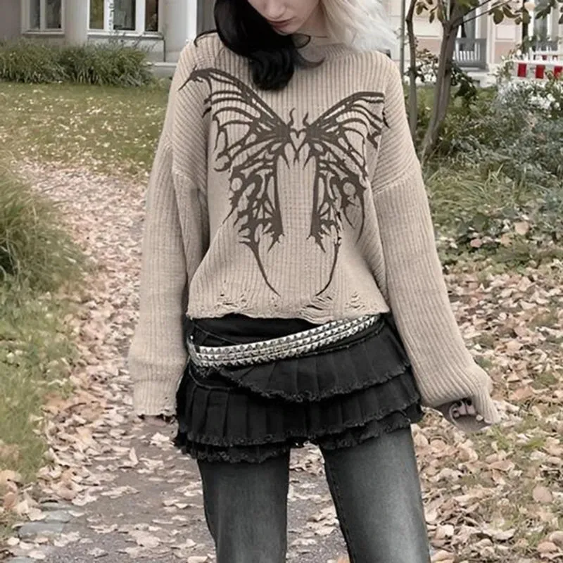 Flytonn-Butterfly Graphic Print Knitted Sweater Autumn Long Sleeve Crew Neck Pullovers Tops Y2k Cottage Grunge Warm Knitwear Women