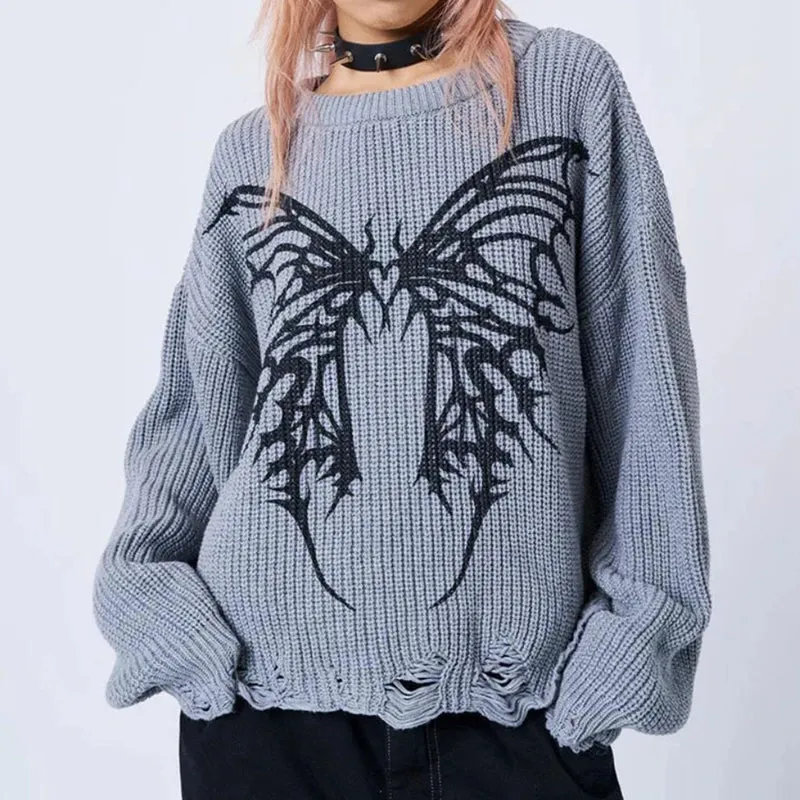 Flytonn-Butterfly Graphic Print Knitted Sweater Autumn Long Sleeve Crew Neck Pullovers Tops Y2k Cottage Grunge Warm Knitwear Women