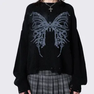 Flytonn-Butterfly Graphic Print Knitted Sweater Autumn Long Sleeve Crew Neck Pullovers Tops Y2k Cottage Grunge Warm Knitwear Women