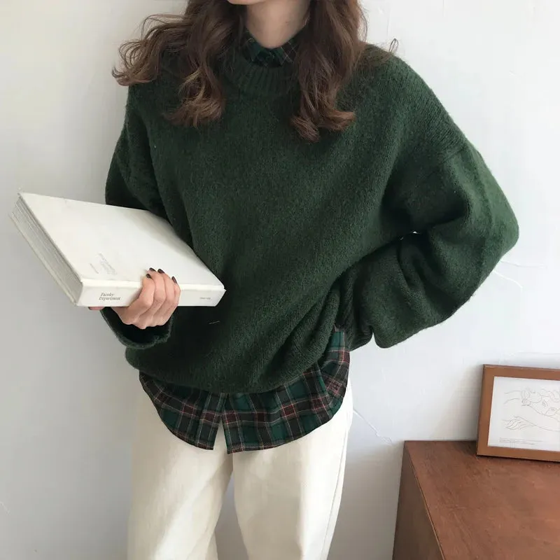 Flytonn-women fall outfits high street ins style -Vintage Y2K Oversized Green Sweater Crewneck Chunky Fuzzy Warm Cute Pullovers Autumn Winter Jumper