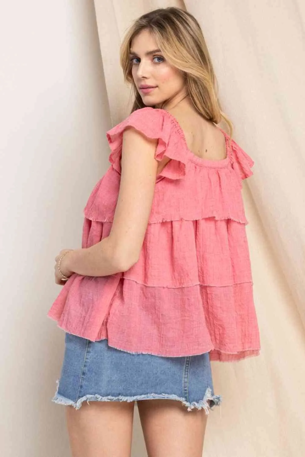 Full Size Buttoned Ruffled Top