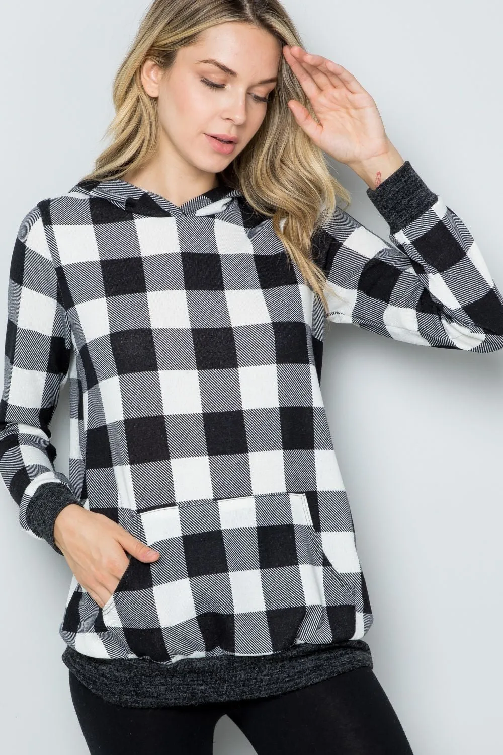 Full Size Contrast Plaid Long Sleeve Hoodie