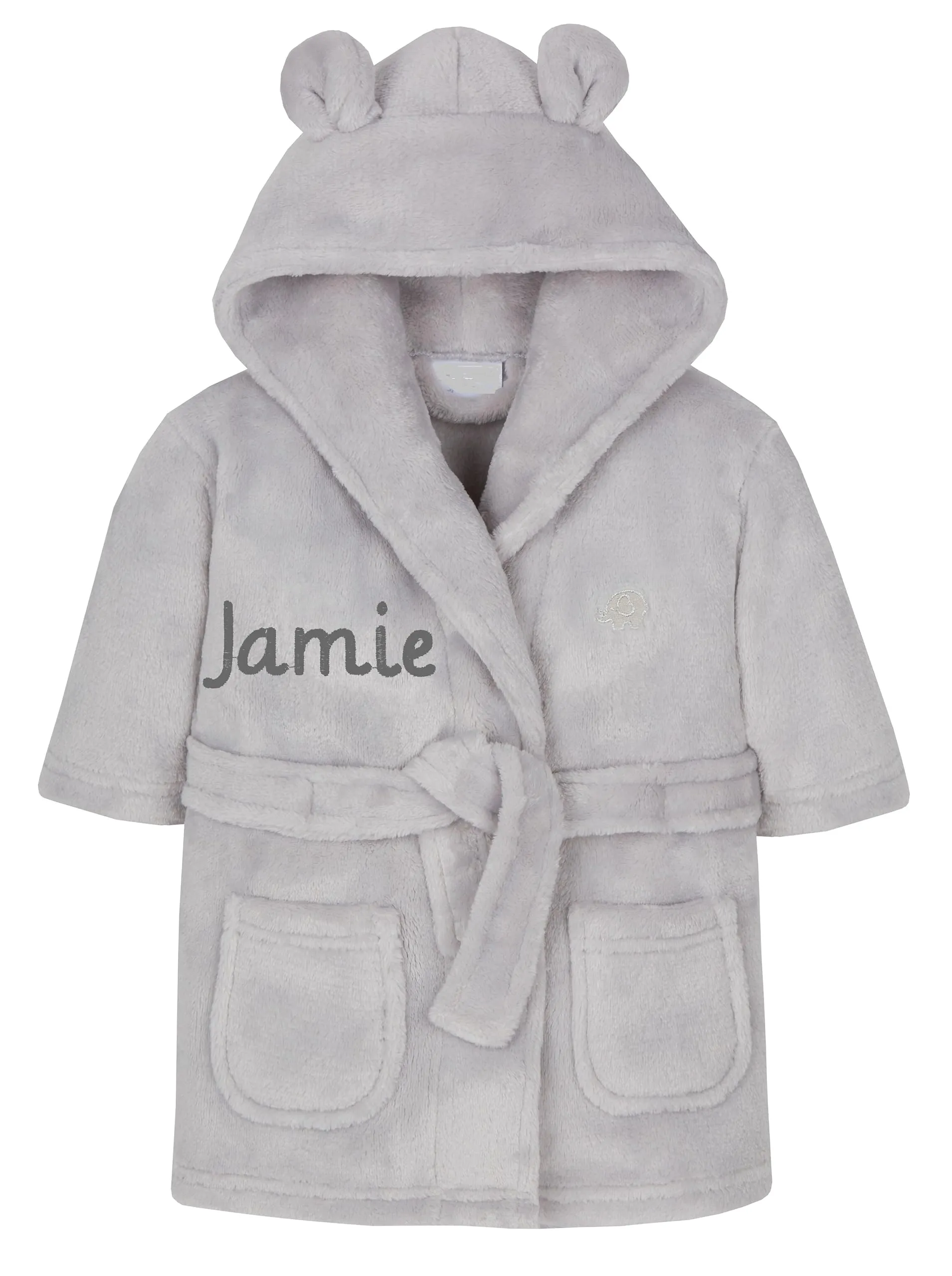 Gembroidery Personalised Baby Bathrobe Hooded Fleece Dressing Gown Super Soft Gifts Bath Robe For Boys Girls Cute Teddy Ears (0-6 Grey)