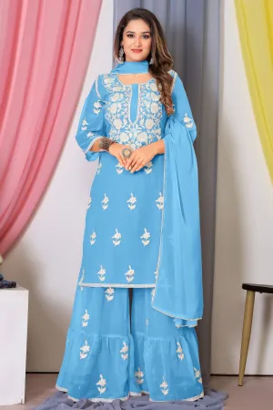 Georgette Fabric Blue Color Embroidered Winsome Palazzo Suit