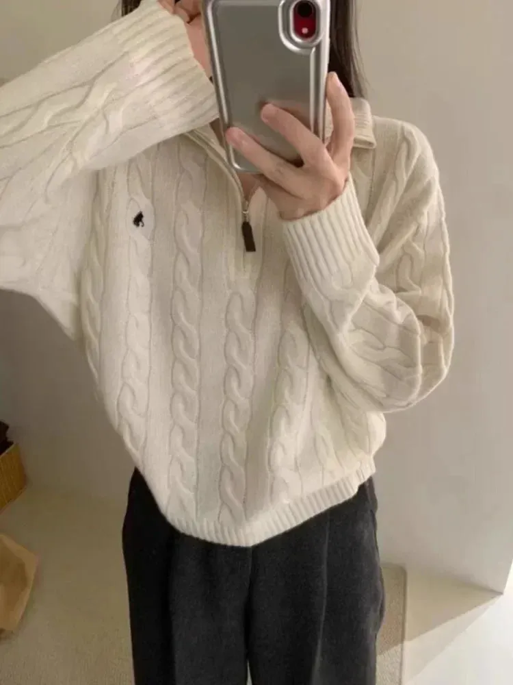 Girlary 2024 Winter Y2k Vintage Knitted Pullovers Women Korean Style Casual Losse Zipper Solid Sweater Female Streetwear Chic Warm Tops