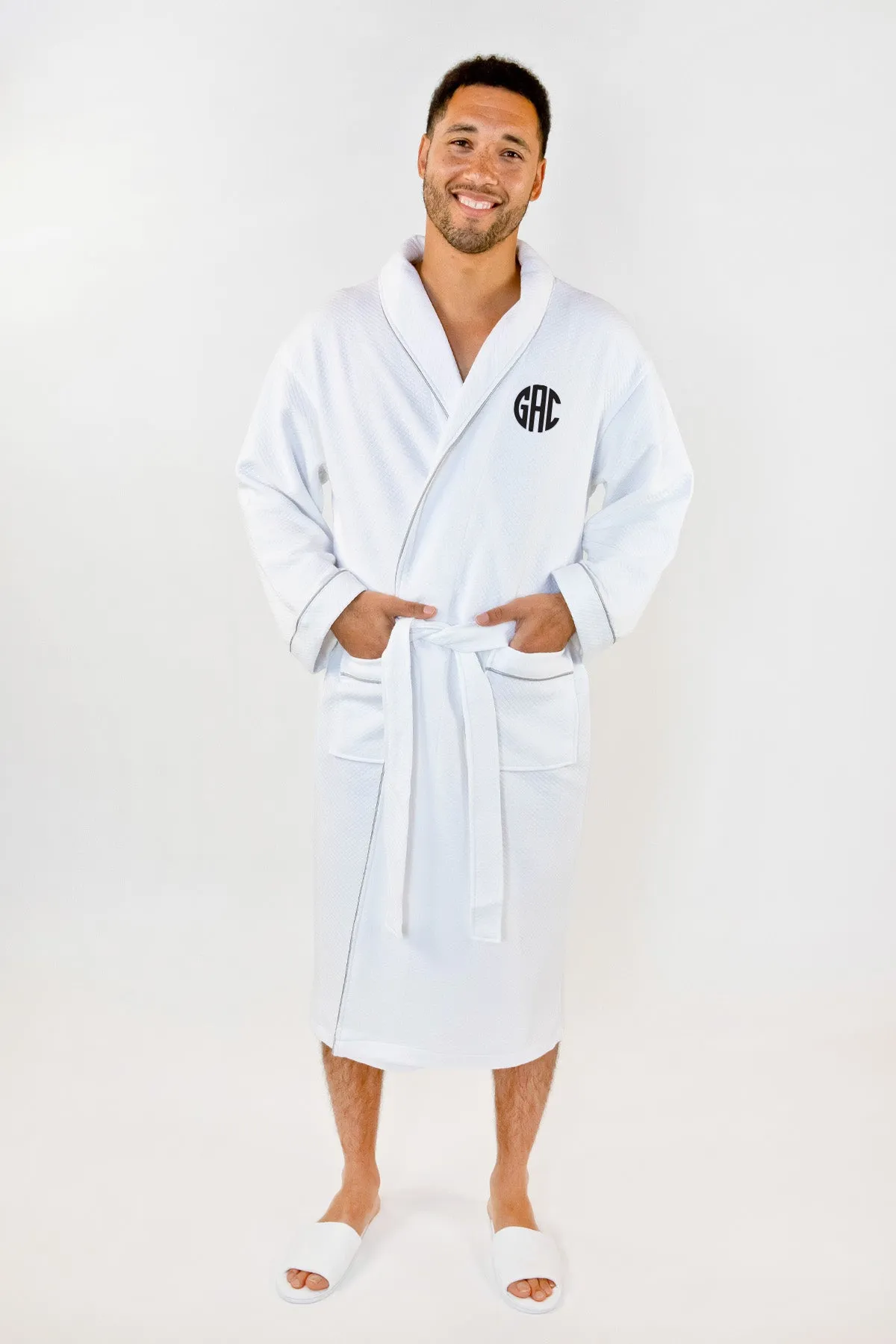 Grid Style Embroidered Bathrobe White with Royal Blue Piping