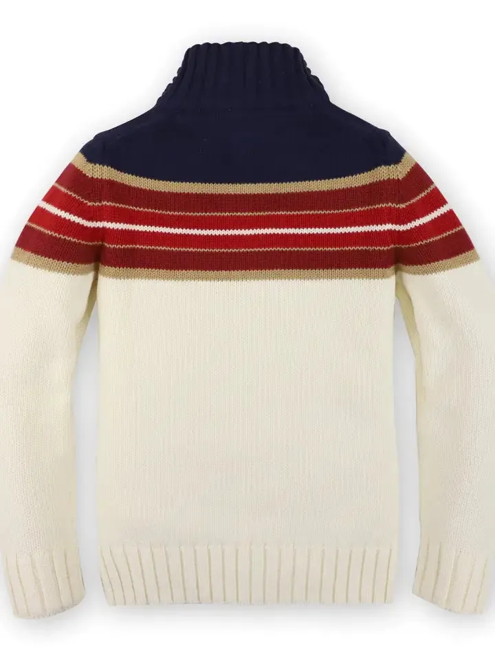 Half Zip Pullover Sweater Navy, Red, and Ivory Yoke Stripe