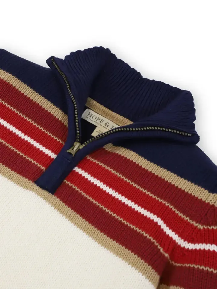 Half Zip Pullover Sweater Navy, Red, and Ivory Yoke Stripe