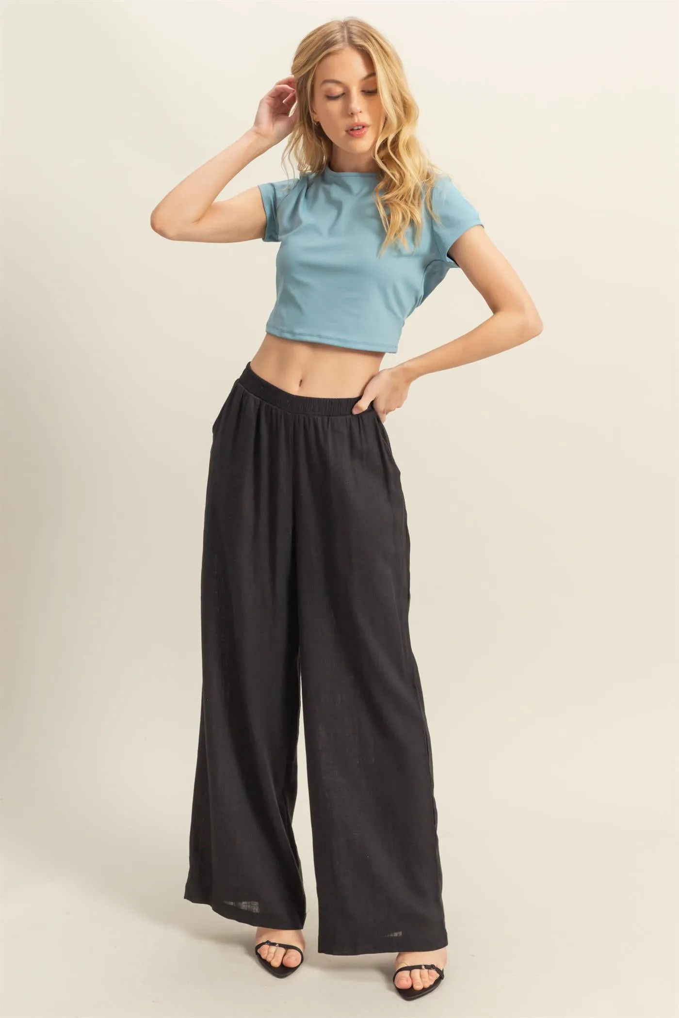 HF25A621-Elasticized Waist Linen Pants