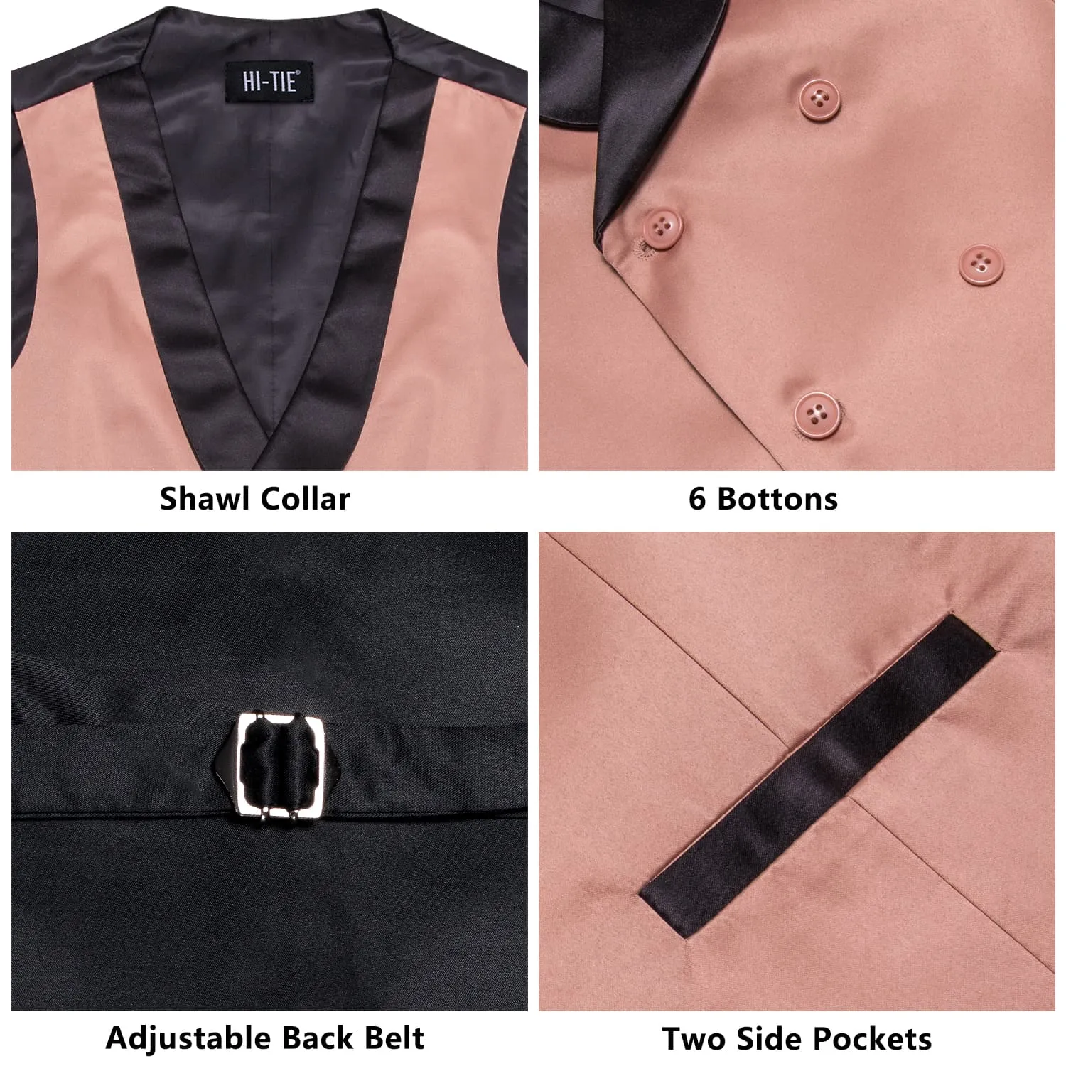 Hi-Tie Rosy Brown Double Breasted Waistcoat Black Shawl Lapel Vest