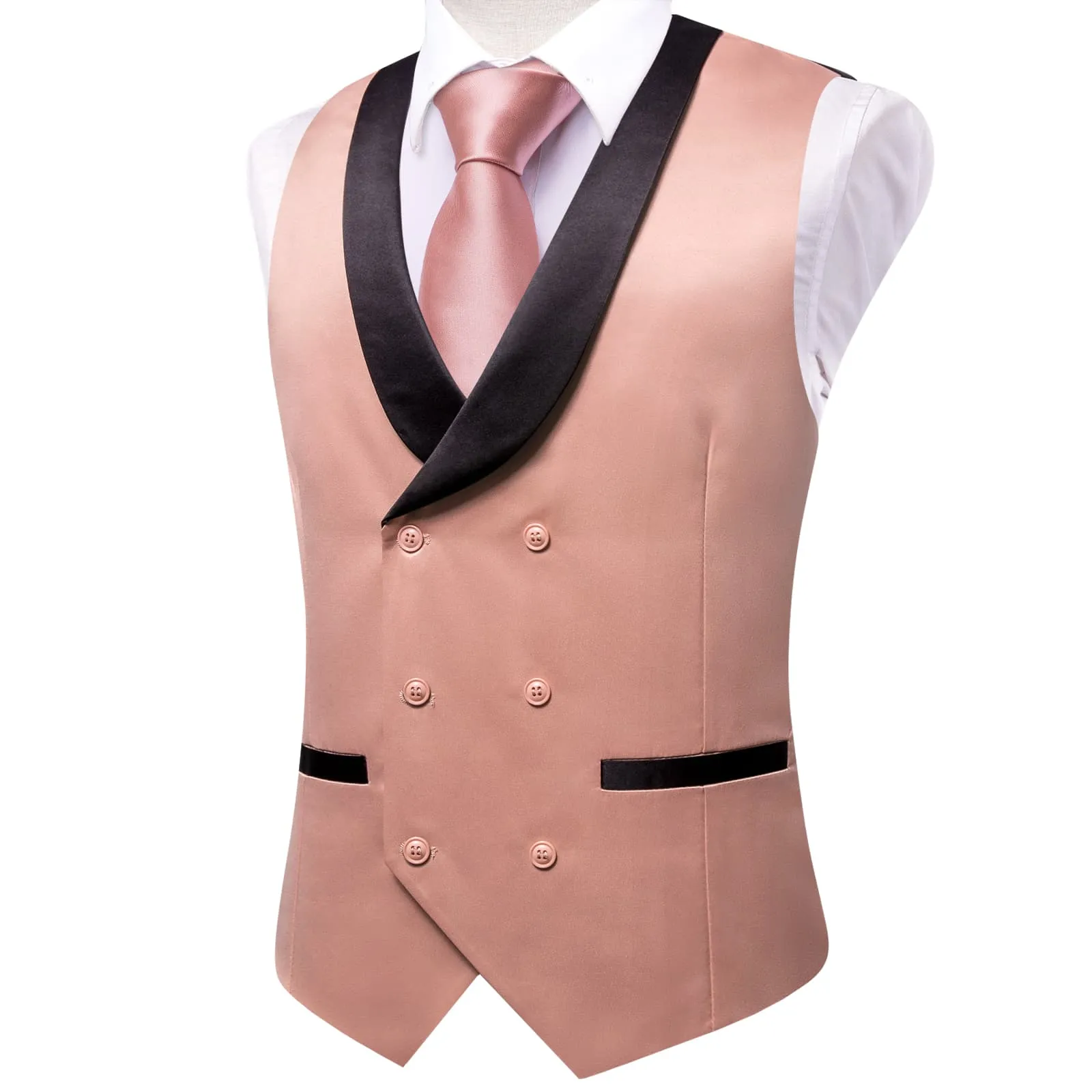 Hi-Tie Rosy Brown Double Breasted Waistcoat Black Shawl Lapel Vest