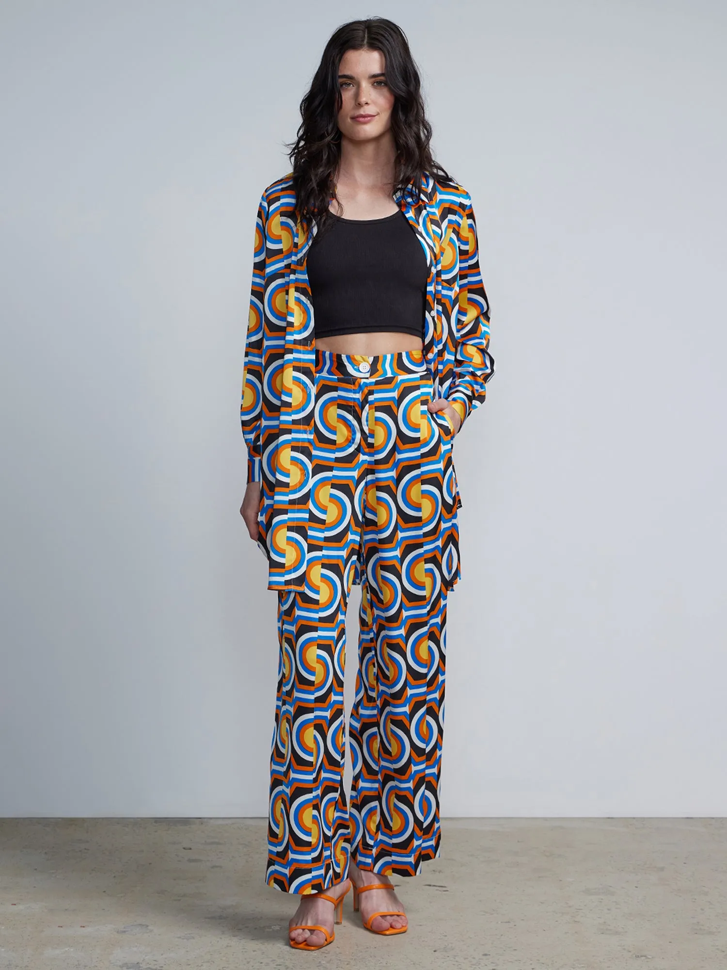 High Rise Printed Buttoned Wide Leg Pants