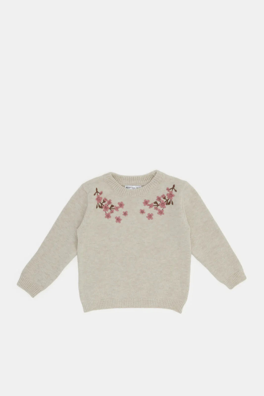 Infant Girls Beige Floral Neck Embroidery Pullover