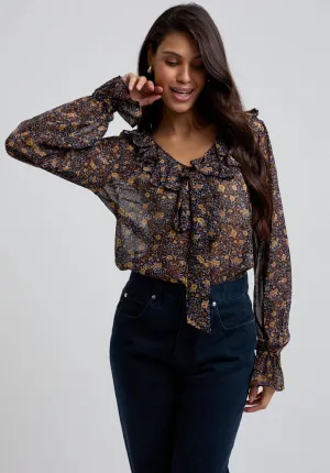 Joni Ruffle Neck Aster Print Blouse In Brown