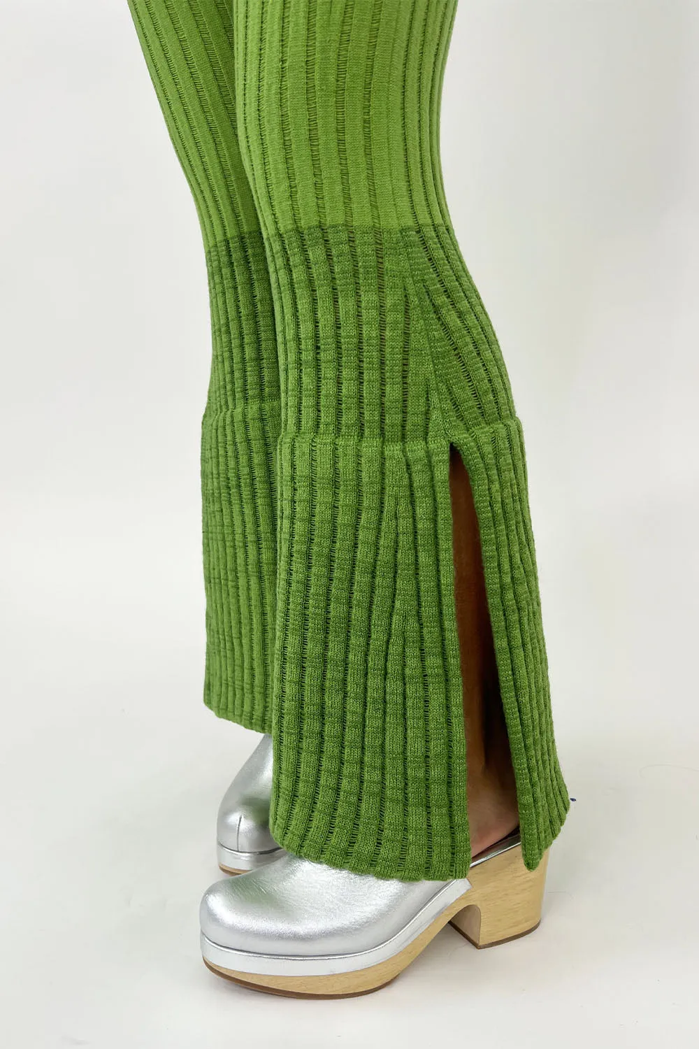 July Li - Flared Knit Pants: Avocado Green