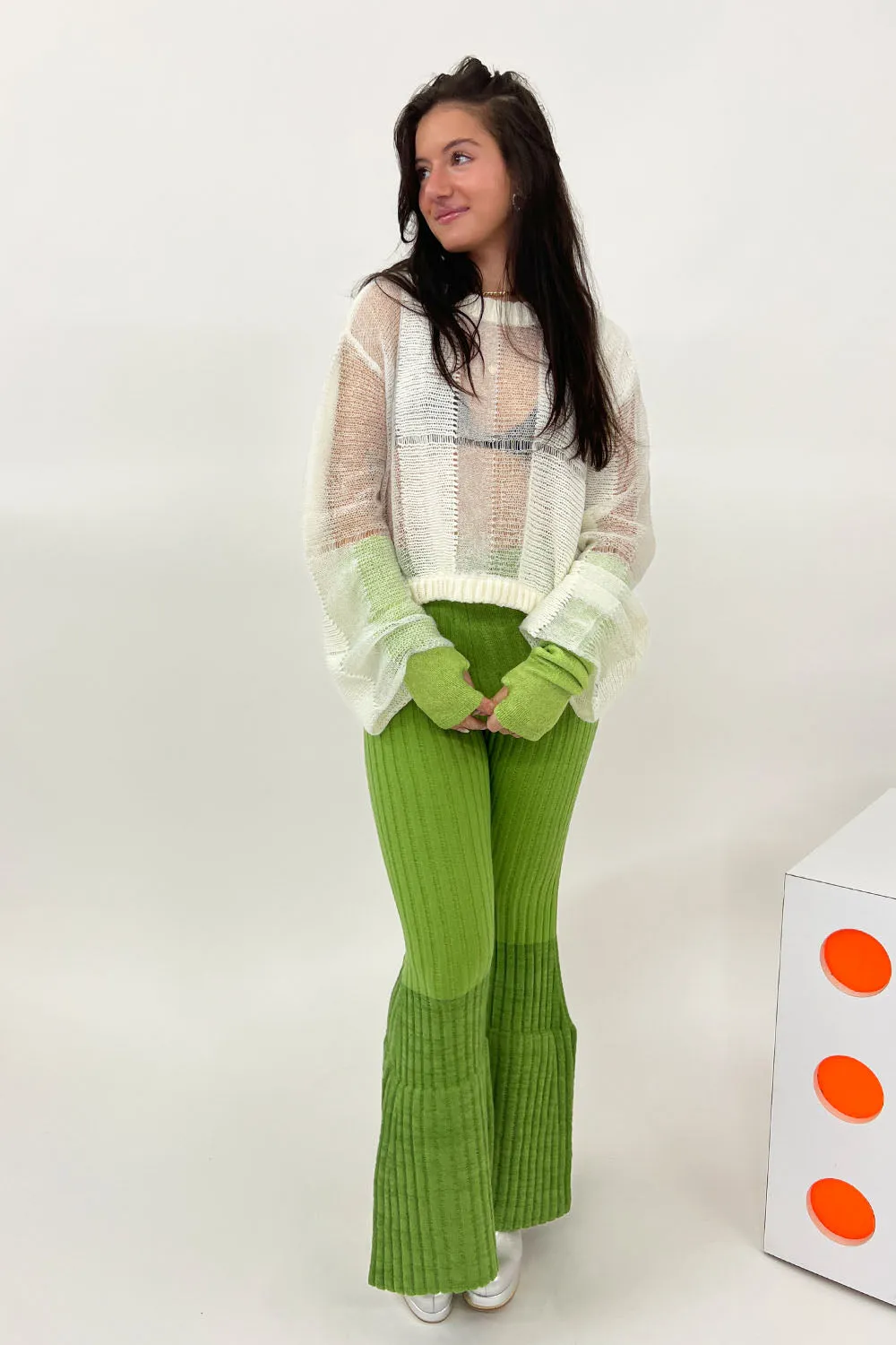 July Li - Flared Knit Pants: Avocado Green