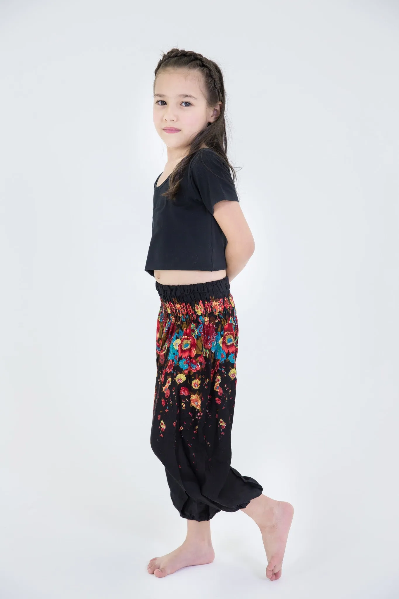 Kids Floral Harem Pants in Black